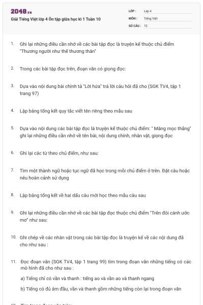 Giải Tiếng Việt lớp 4 Ôn tập giữa học kì 1 Tuần 10