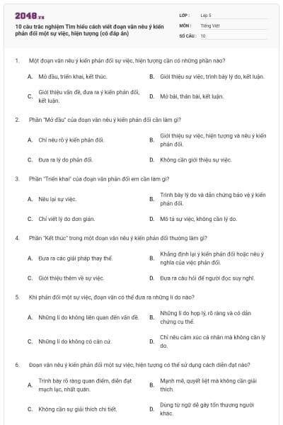 10 câu trắc nghiệm Tìm hiểu cách viết đoạn văn nêu ý kiến phản đối một sự việc, hiện tượng (có đáp án)