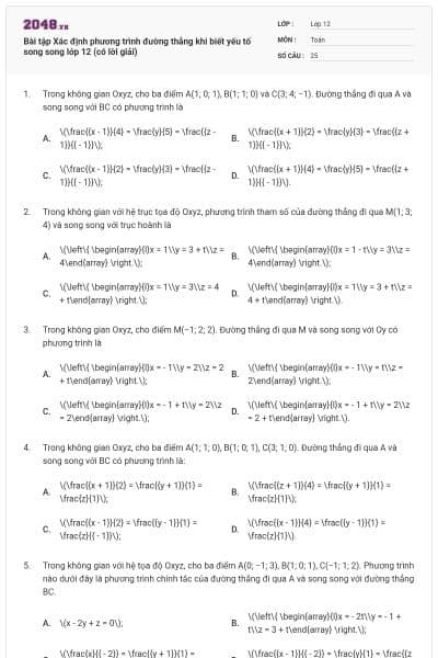 Bài tập Xác định phương trình đường thẳng khi biết yếu tố song song lớp 12 (có lời giải)