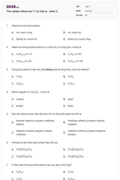 Trắc nghiệm Alkane lớp 11 (có đáp án - phần 2)