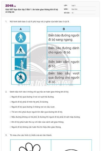 Giải VBT Đạo đức lớp 3 Bài 1: An toàn giao thông khi đi bộ  có đáp án
