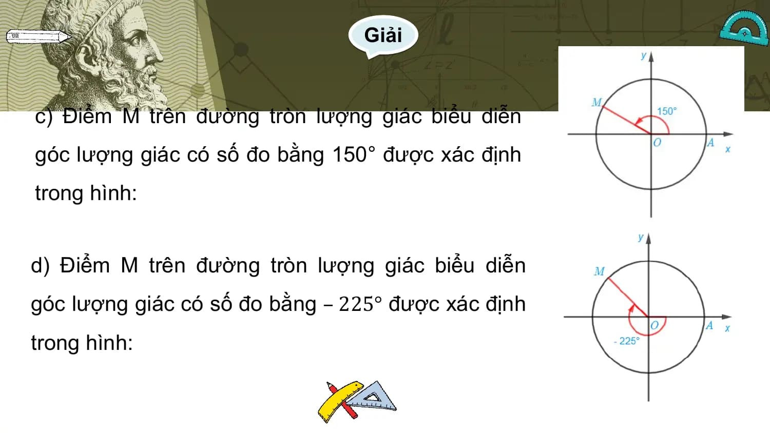 Giải

c) Điểm M trên đường tròn lượng giác biểu diễn
góc lượng giác có số đo bằng 150° được xác định
trong hình:

d) Điểm M trên đường tròn lượng giác biểu diễn
góc lượng giác có số đo bằng – 225° được xác định
trong hình: