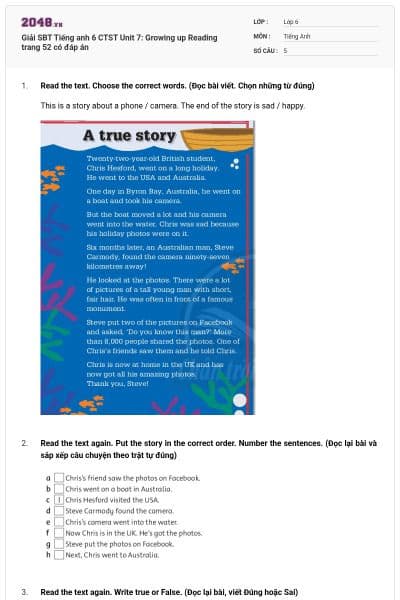 Giải SBT Tiếng anh 6 CTST Unit 7: Growing up Reading trang 52 có đáp án