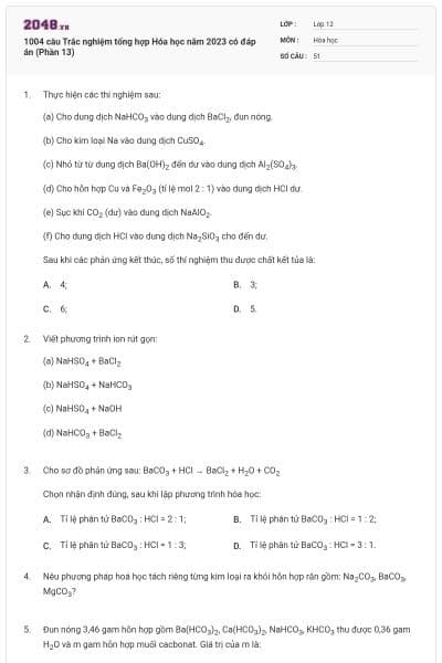 1004 câu Trắc nghiệm tổng hợp Hóa học năm 2023 có đáp án (Phần 13)
