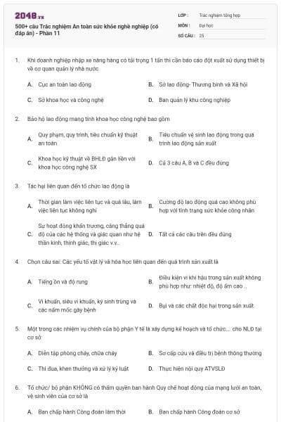 500+ câu Trắc nghiệm An toàn sức khỏe nghề nghiệp (có đáp án) - Phần 11