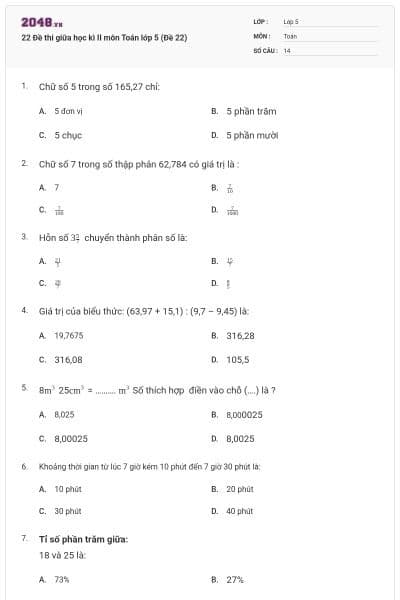 22 Đề thi giữa học kì II môn Toán lớp 5 (Đề 22)