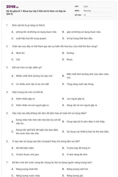Đề thi giữa kì 1 Khoa học lớp 5 Kết nối tri thức có đáp án (Đề 5)