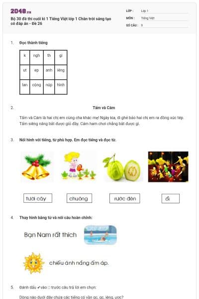 Bộ 30 đề thi cuối kì 1 Tiếng Việt lớp 1 Chân trời sáng tạo có đáp án - Đề 26