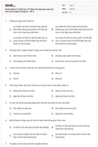 Đề thi giữa kì 2 Sinh học 10 Chân trời sáng tạo cấu trúc mới (có tự luận) có đáp án - Đề 2