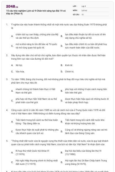 15 câu trắc nghiệm Lịch sử 9 Chân trời sáng tạo Bài 19 có đáp án (Phần 4)