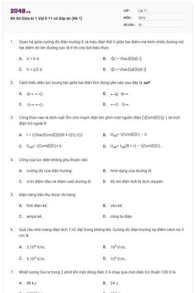 Đề thi Giữa kì 1 Vật lí 11 có đáp án (Đề 1)