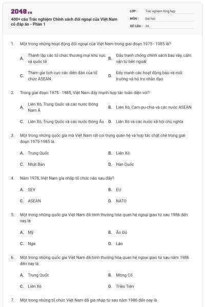 400+ câu Trắc nghiệm Chính sách đối ngoại của Việt Nam có đáp án - Phần 1