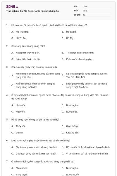 Trắc nghiệm Bài 18: Sông. Nước ngầm và băng hà