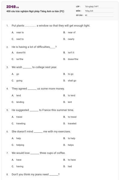 400 câu trắc nghiệm Ngữ pháp Tiếng Anh cơ bản (P2)