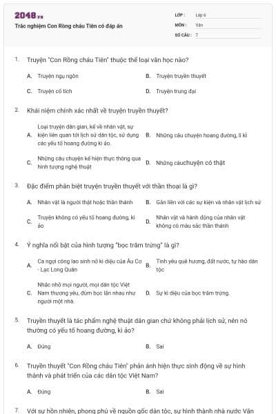 Trắc nghiệm Con Rồng cháu Tiên có đáp án
