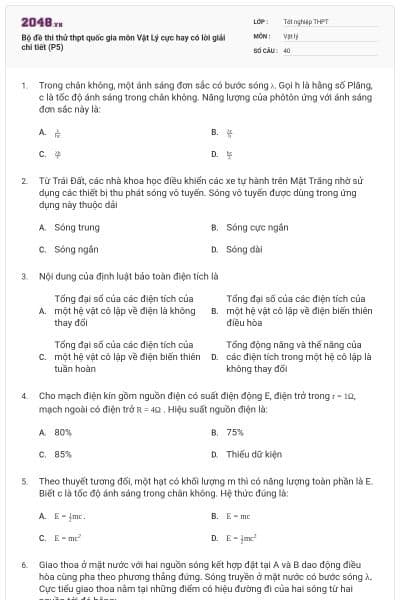 Bộ đề thi thử thpt quốc gia môn Vật Lý cực hay có lời giải chi tiết (P5)
