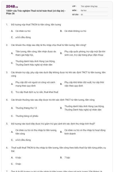 1000+ câu Trắc nghiệm Thuế và kế toán thuế (có đáp án) - Phần 36