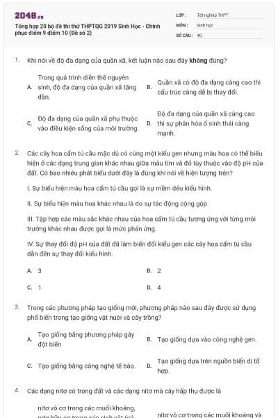 Tổng hợp 20 bộ đề thi thử THPTQG 2019 Sinh Học - Chinh phục điểm 9 điểm 10 (Đề số 2)