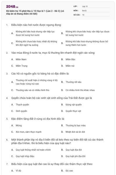 Đề kiểm tra 15 phút Địa Lí 10 Học kì 1 (Lần 2 - Đề 3) (có đáp án và thang điểm chi tiết)