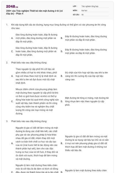 200+ câu Trắc nghiệm Thiết kế nền mặt đường ô tô (có đáp án) - Phần 4