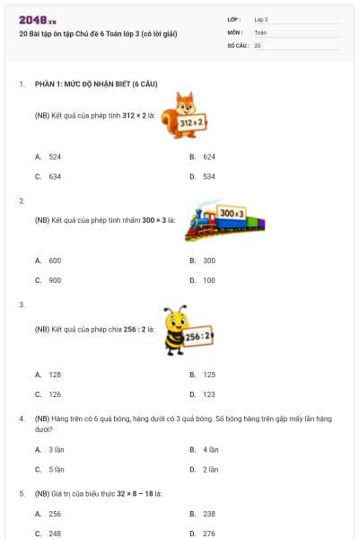 20 Bài tập ôn tập Chủ đề 6 Toán lớp 3 (có lời giải)