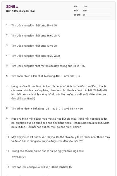 Bài 17: Ước chung lớn nhất