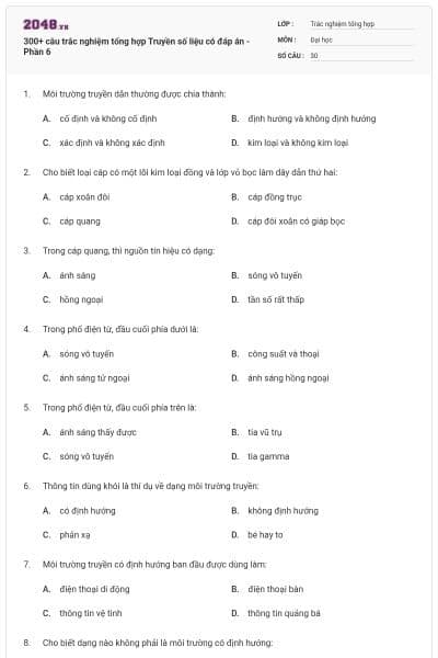300+ câu trắc nghiệm tổng hợp Truyền số liệu có đáp án - Phần 6