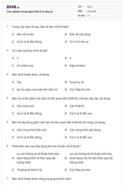 Trắc nghiệm Công nghệ 8 Bài 8 có đáp án