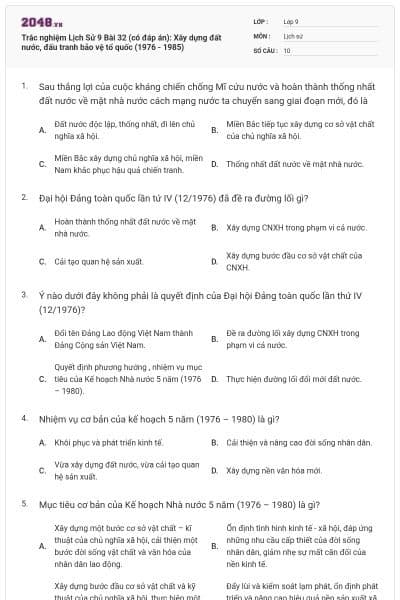 Trắc nghiệm Lịch Sử 9 Bài 32 (có đáp án): Xây dựng đất nước, đấu tranh bảo vệ tổ quốc (1976 - 1985)