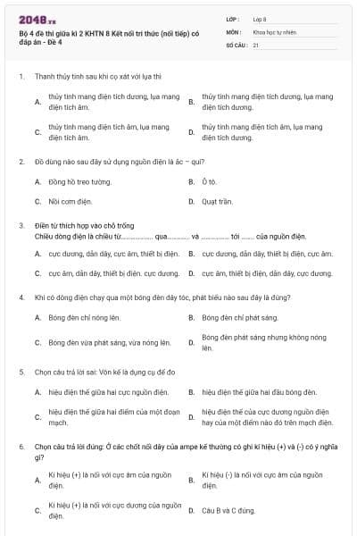 Bộ 4 đề thi giữa kì 2 KHTN 8 Kết nối tri thức (nối tiếp) có đáp án - Đề 4