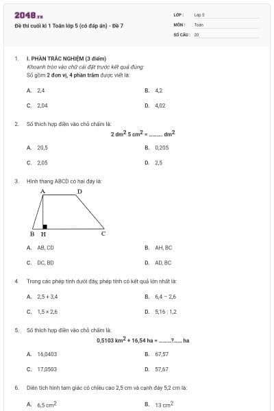 Đề thi cuối kì 1 Toán lớp 5 (có đáp án) - Đề 7