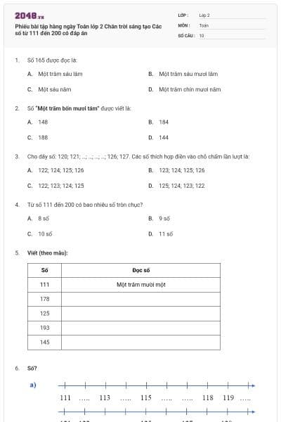 Phiếu bài tập hàng ngày Toán lớp 2 Chân trời sáng tạo Các số từ 111 đến 200 có đáp án