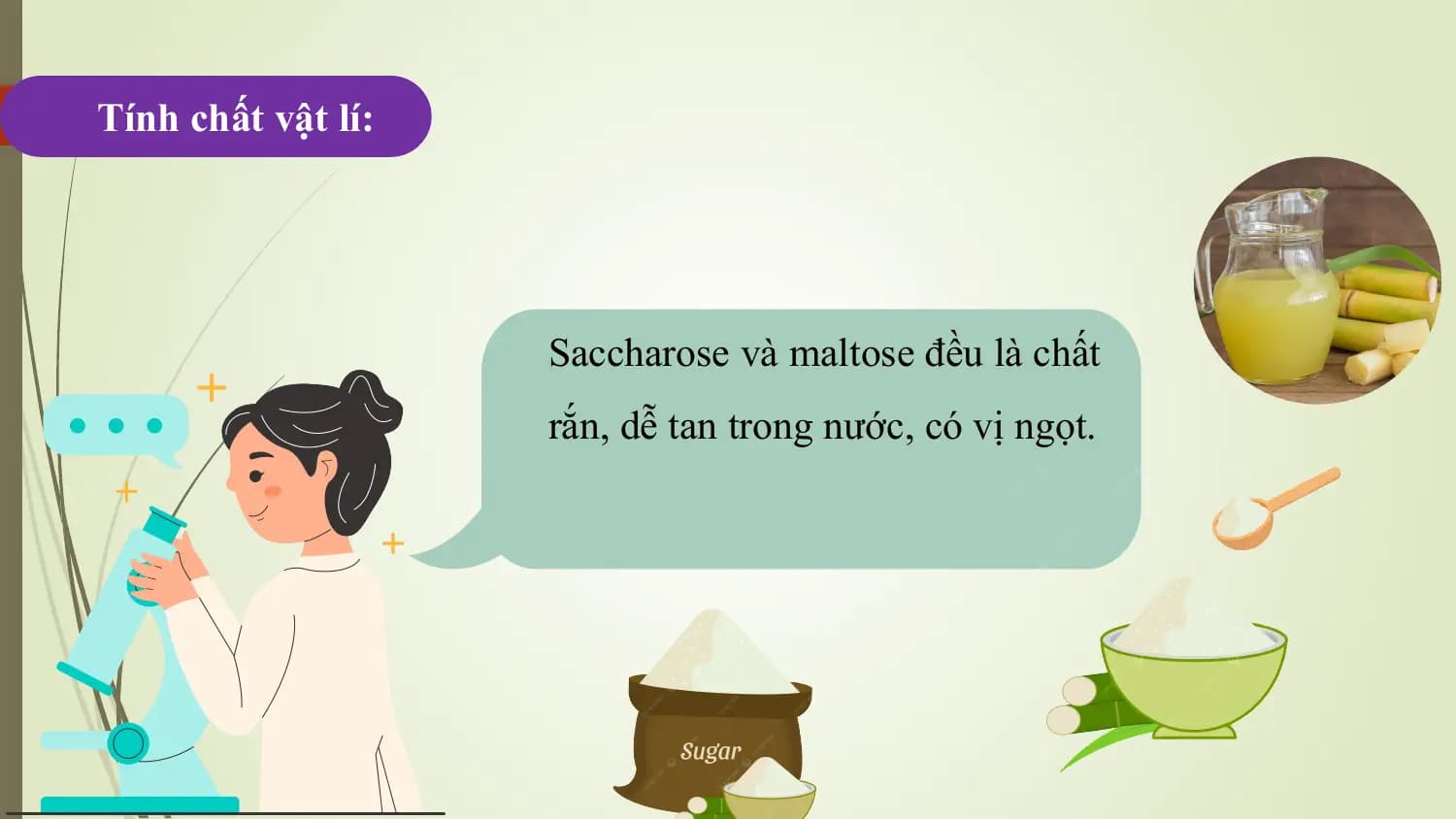 Tính chất vật lí:

 Saccharose và maltose đều là chất
 rắn, dễ tan trong nước, có vị ngọt.