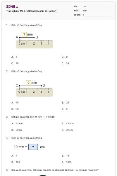 Trắc nghiệm Mi-li-mét lớp 3 (có đáp án - phần 1)