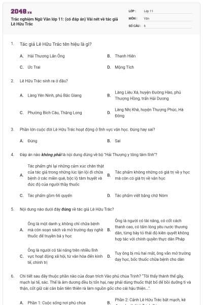 Trắc nghiệm Ngữ Văn lớp 11: (có đáp án) Vài nét về tác giả Lê Hữu Trác