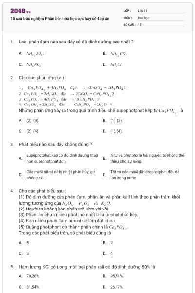 15 câu trắc nghiệm Phân bón hóa học cực hay có đáp án