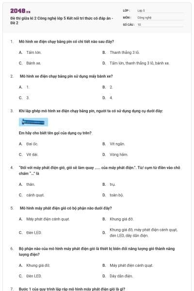 Đề thi giữa kì 2 Công nghệ lớp 5 Kết nối tri thức có đáp án - Đề 2