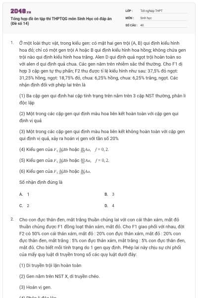 Tổng hợp đề ôn tập thi THPTQG môn Sinh Học có đáp án (Đề số 14)