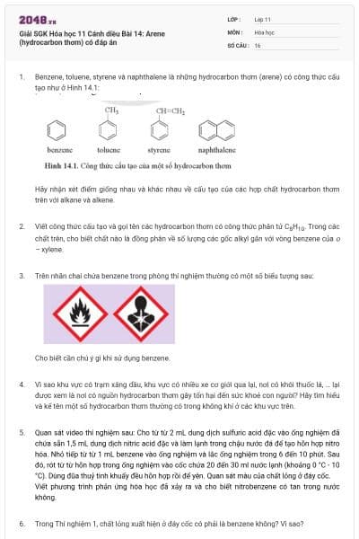 Giải SGK Hóa học 11 Cánh diều Bài 14: Arene (hydrocarbon thơm) có đáp án
