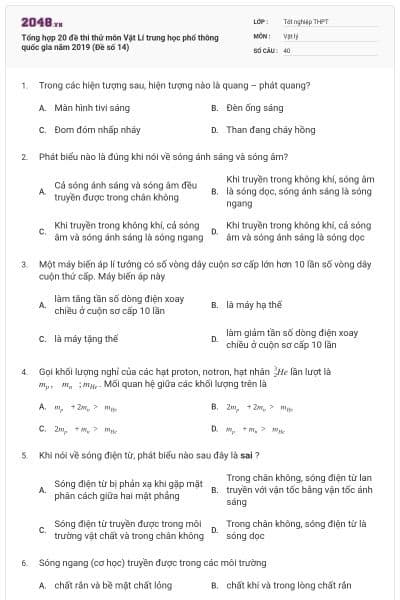 Tổng hợp 20 đề thi thử môn Vật Lí trung học phổ thông quốc gia năm 2019 (Đề số 14)