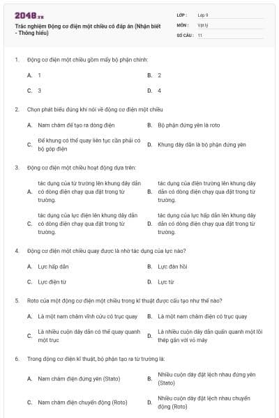 Trắc nghiệm Động cơ điện một chiều có đáp án (Nhận biết - Thông hiểu)