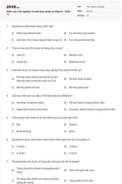 800+ câu Trắc nghiệm Vi sinh thực phẩm có đáp án - Phần 17