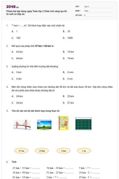 Phiếu bài tập hàng ngày Toán lớp 2 Chân trời sáng tạo Ki-lô-mét có đáp án