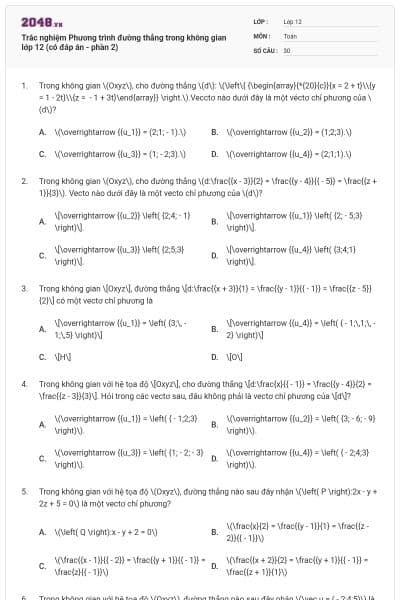 Trắc nghiệm Phương trình đường thẳng trong không gian lớp 12 (có đáp án - phần 2)