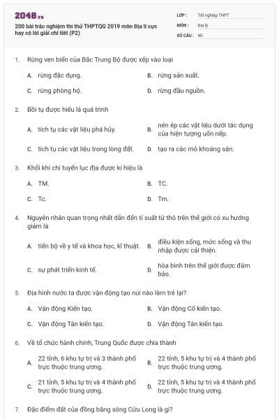 200 bài trắc nghiệm thi thử THPTQG 2019 môn Địa lí cực hay có lời giải chi tiêt (P2)
