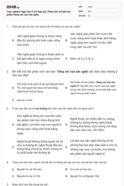 Trắc nghiệm Ngữ Văn 9 (có đáp án): Phân tích chi tiết tác phẩm tiếng nói của văn nghệ