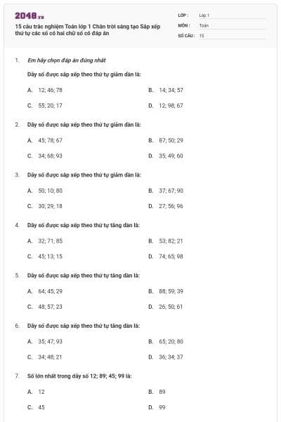 15 câu trắc nghiệm Toán lớp 1 Chân trời sáng tạo Sắp xếp thứ tự các số có hai chữ số có đáp án