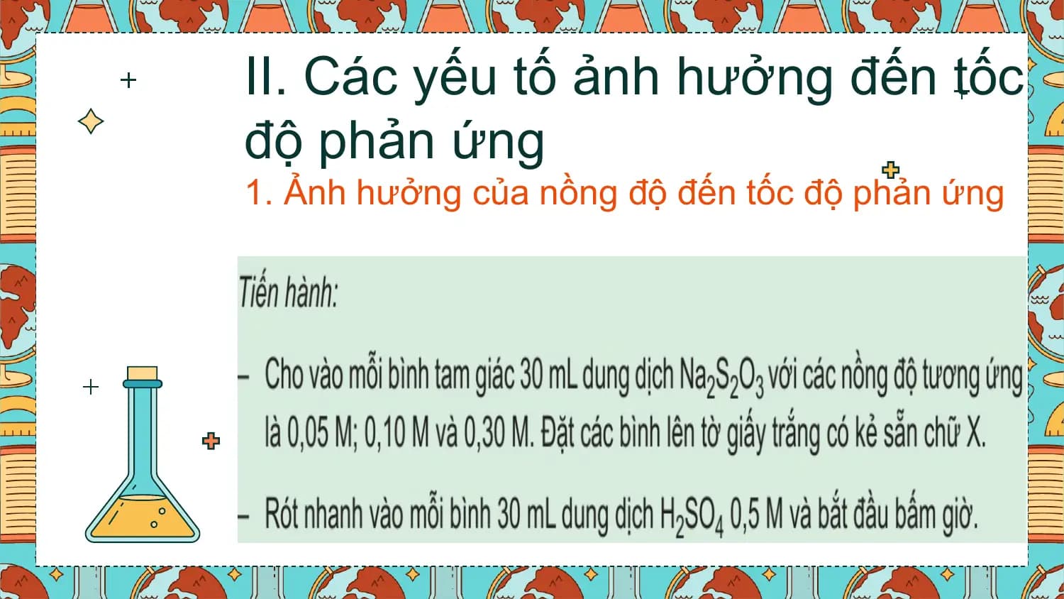 II. Các yếu tố ảnh hưởng đến tốc
độ phản ứng
1. Ảnh hưởng của nồng độ đến tốc độ phản ứng