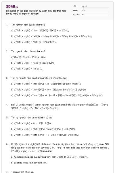 Đề cương ôn tập giữa kì 2 Toán 12 Cánh diều cấu trúc mới (có tự luận) có đáp án - Tự luận
