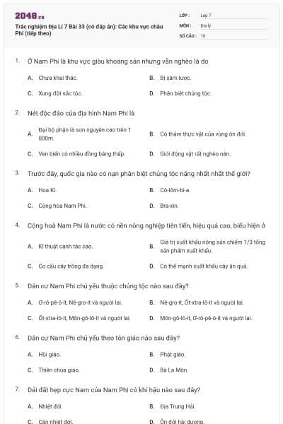 Trắc nghiệm Địa Lí 7 Bài 33 (có đáp án): Các khu vực châu Phi (tiếp theo)